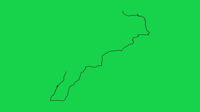 Outline drawing of morocco country border animation on solid green screen chroma key background.