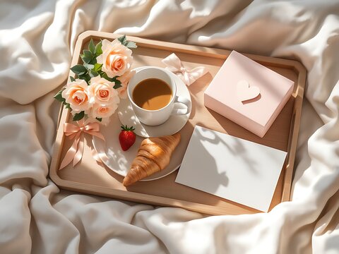 A delightful breakfast tray with coffee croissant strawberry roses and a gift box perfect for a romantic morning surprise celebration
