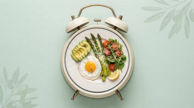 Healthy breakfast with fried egg, avocado, asparagus, and salad on a plate shaped like an alarm clock