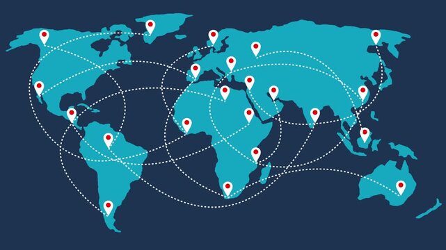 4k .Animation of the world map with delivery points and routes. World map with travel routes and delivery of goods on all continents of the world.