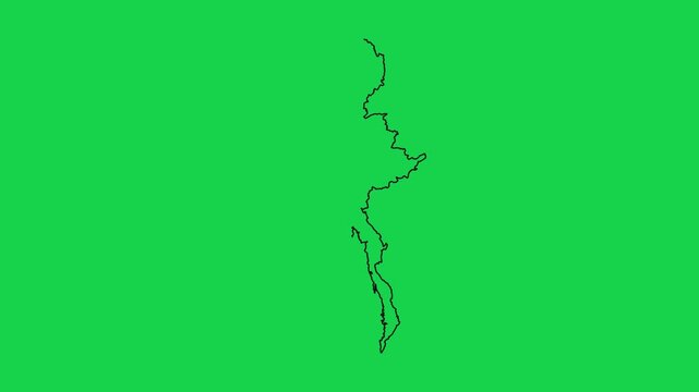 Myanmar map outline animation with black continuous line drawing over green screen background.