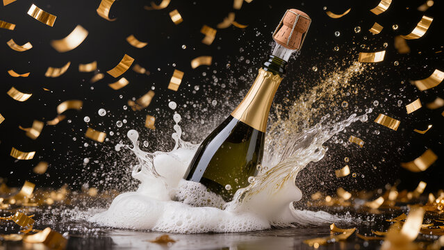 Dynamic explosion of champagne bottle with high speed splashes and gold confetti for celebration