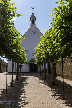 View of a historic church with a clock and rooster weather vane, framed by rows of neatly trimmed trees along a cobblestone path in West-Terschelling, Friesland, Netherlands.