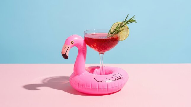 Red cocktail in a glass placed in a pink inflatable flamingo pool float with lime and rosemary garnish