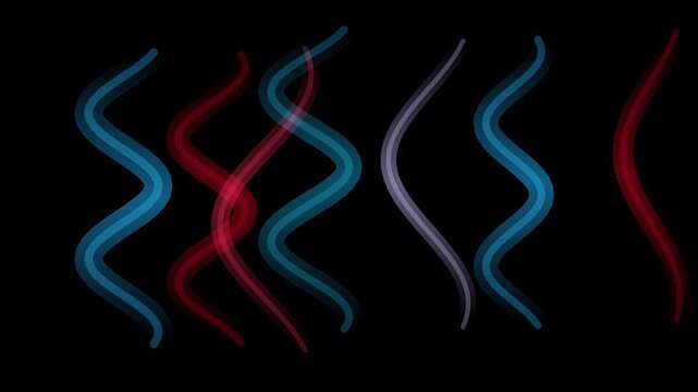 Wavy glowing lines in red, blue, and purple intertwine against a black background in an abstract motion pattern.