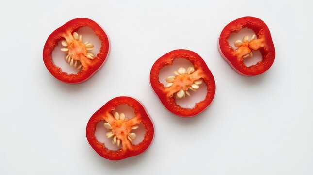 Three slices of fresh red chili pepper isolated on white background