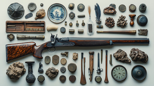 A traditional muzzleloading rifle with its powder horn and ramrod, arranged artfully against a clean white backdrop under professional studio lighting, highlighting the historical context 