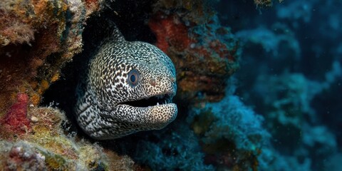 Fototapeta premium Spotted Moray Eel Lurking Inside a Deep Coral Reef Cavern