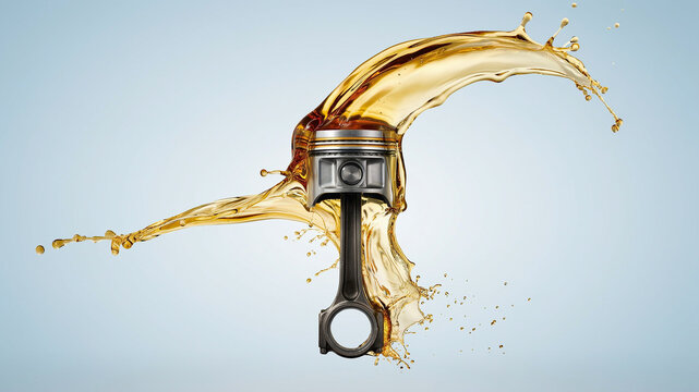 Automotive Piston Submerged in Splashing Golden Engine Oil Against Light Blue Gradient Background