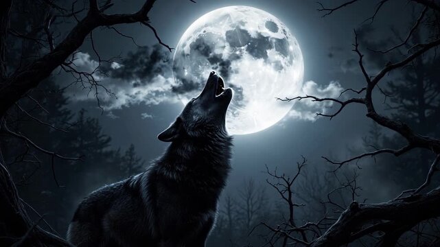Wolf howling at the full moon in a dark forest