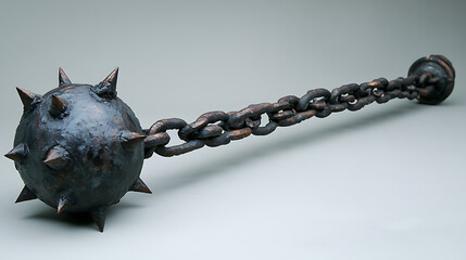 Fototapeta premium A traditional flail with its spiked ball and chain, presented against a clean white backdrop under soft professional studio lighting, emphasizing its brutal effectiveness 