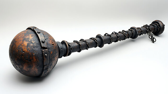 A traditional flail with its spiked ball and chain, presented against a clean white backdrop under soft professional studio lighting, emphasizing its brutal effectiveness 