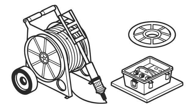 Industrial cable reel and utility equipment icons with industrial, equipment
