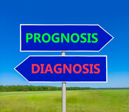 Prognosis vs diagnosis words symbol. Concept words Prognosis Diagnosis on beautiful blue road sign. Beautiful blue sky background. Business medical prognosis vs diagnosis concept. Copy space.