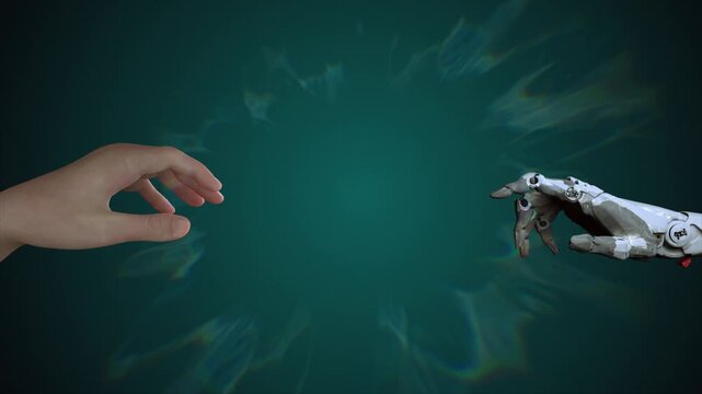 Human hand and robotic hand meet. Artificial intelligence animation with green background