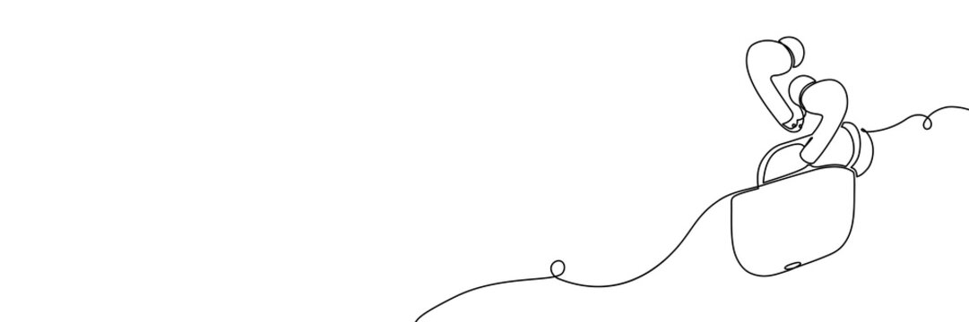 Single unbroken stroke forms podcast microphone and headset silhouette. Minimalist vector sketch for broadcasting, audio media posters, DJ studio branding, webinar graphics.