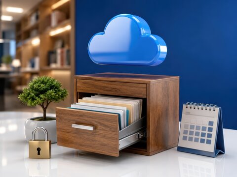 Cloud Storage Concept: A conceptual representation of cloud storage, featuring a glowing blue cloud hovering above an open wooden filing cabinet filled with documents, a padlock.
