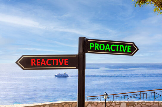 Proactive and reactive symbol. Concept word Proactive Reactive on beautiful black road sign. Beautiful blue sky background. Business proactive and reactive concept. Copy space.