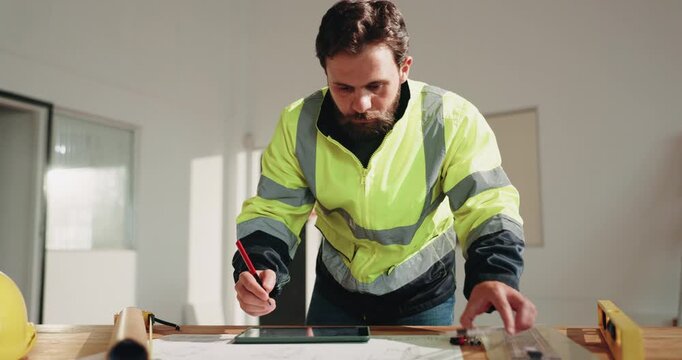 Man, engineer and writing on blueprint for construction, illustration and sketch for architecture. Person, drawing or tech at site with document, floor plan and property layout for building expansion