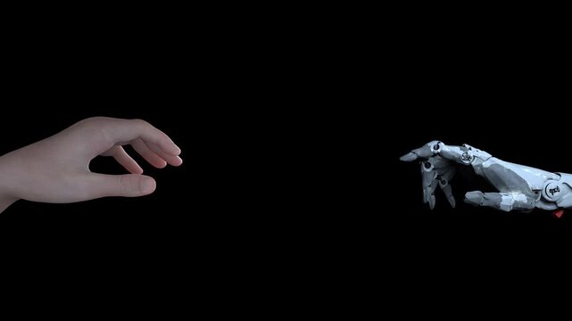 Human hand and robotic hand meet. Artificial intelligence animation with alpha channel.