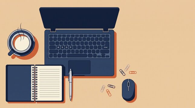 View of a workspace with a laptop, a notebook, a pen, a coffee cup, and a computer mouse on a beige surface with paper clips scattered