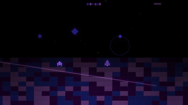 Pixelated purple landscape featuring geometric shapes and a small character sprite in a dark retro game environment.
