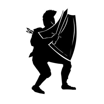 Black silhouette illustration featuring a medieval knight.
A soldier wearing armor and holding a sword and shield.
