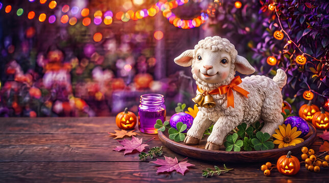 Whimsical lamb figurine with autumn decorations on wooden table  