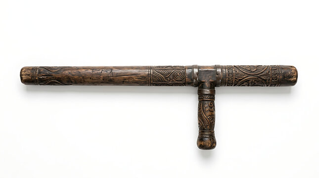 Antique Handcrafted Wooden Tonfa Weapon Isolated on a Plain White Background