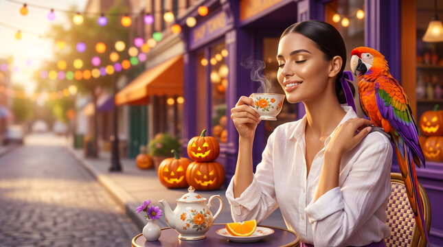 Woman enjoying tea with parrot on outdoor cafe table in autumn  