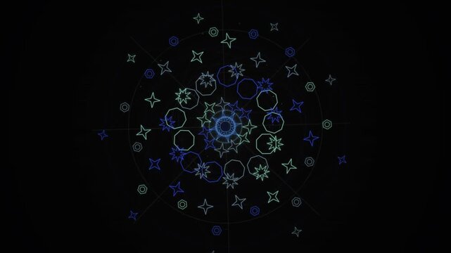 Intricate geometric mandala pattern featuring star and circular motifs radiating from center on dark background.