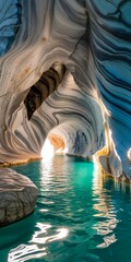 Fototapeta premium Turquoise waters flowing through the scenic Marble Caves of Lake General Carrera in Patagonia Chile