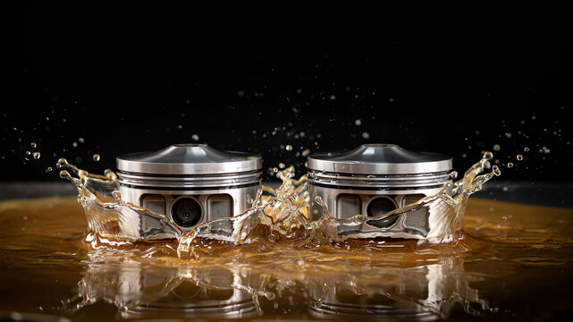Two polished metal pistons splashing into golden engine oil with a black background automotive