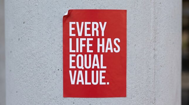 Every Life Has Equal Value red poster on concrete wall, human rights message on urban street flyer, social justice activism sign