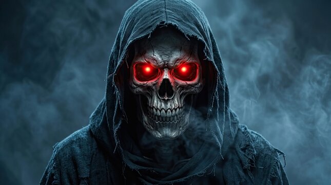A dark and mysterious grim reaper character portrait for a halloweem icon set featuring glowing red eyes and hooded cloak