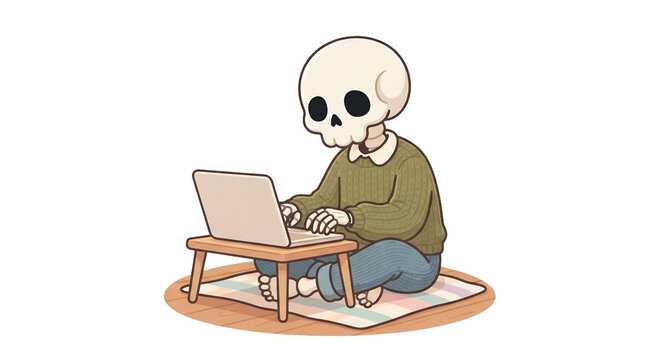  Cute skeleton character working on a laptop computer on a low table.