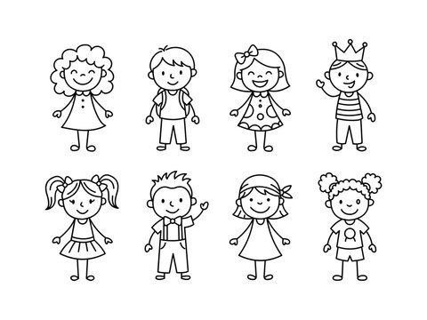 Cute children line art vector illustration set with diverse happy boys and girls doodle design