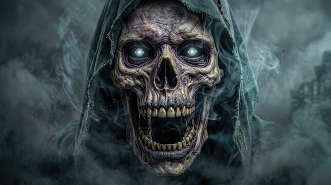 Detailed scary skull portrait with glowing eyes for a dark and spooky halloweem icon set graphic design project