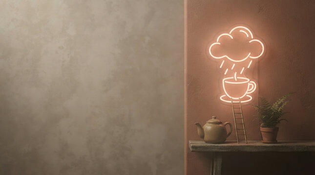 Neon cloud and rain sign with teapot shelf decor