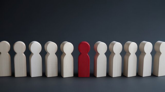 Unique red wooden figure standing out from white crowd, leadership and individuality concept, diverse group of wooden people icons on dark background