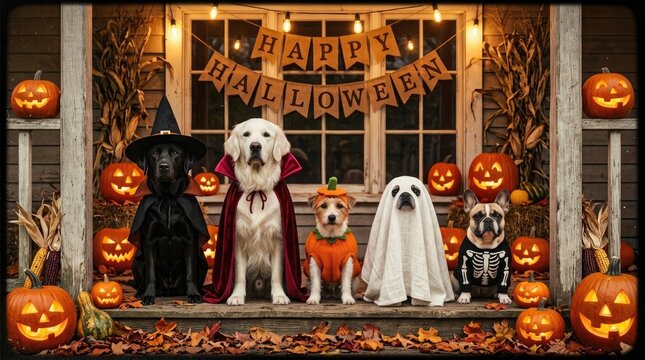Group of cute dogs wearing costumes for a halloweem icon set themed photo shoot on a decorated porch at night