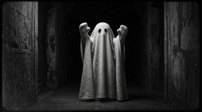 A spooky ghost figure in a dark corridor as part of a creative halloweem icon set for seasonal design projects