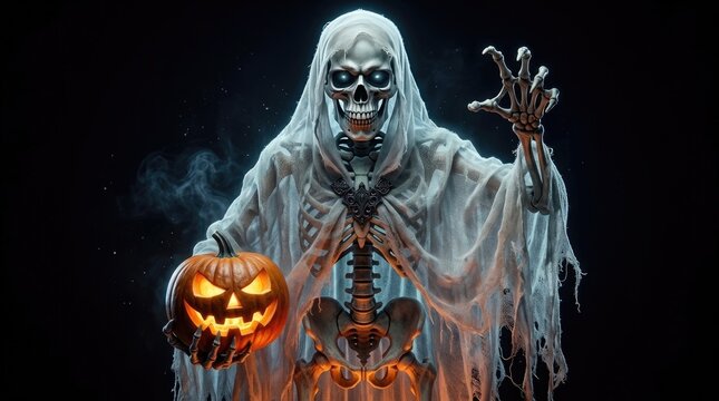 Creepy ghost holding a glowing jack o lantern pumpkin as part of a professional halloweem icon set for holiday design