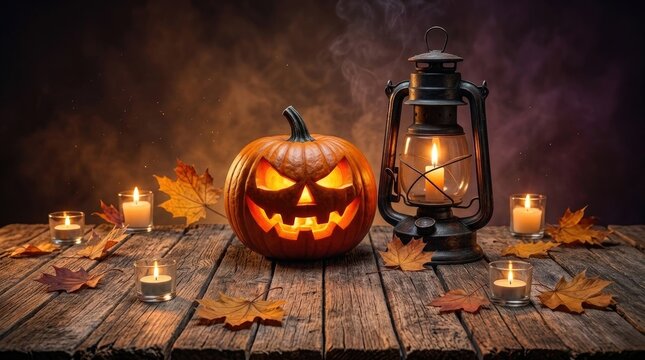 Spooky halloween icon set featuring a glowing carved pumpkin lantern on a rustic wooden table with autumn leaves and candles
