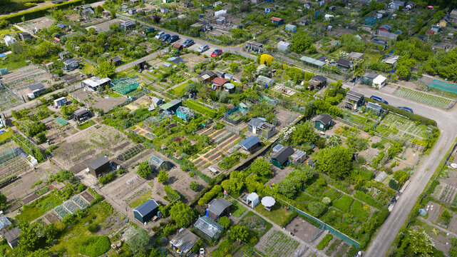 Aerial view of allotment gardens featuring small sheds, greenhouses, and cultivated vegetable patches arranged in a grid pattern in De Bilt, Utrecht, Netherlands.