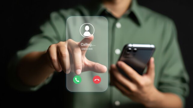 Futuristic transparent phone interface with incoming call, man touching holographic smartphone screen, digital communication and mobile technology concept
