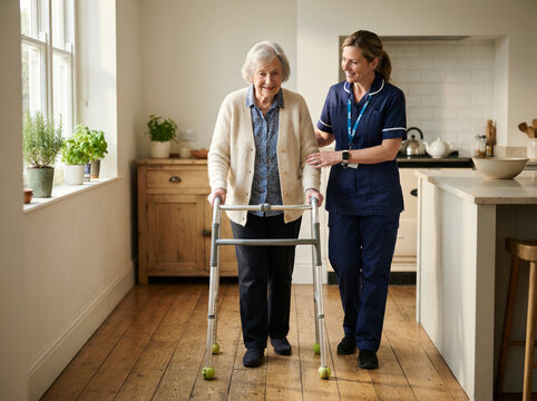 Nurse walking with an elderly woman using a walking frame in a country kitchen