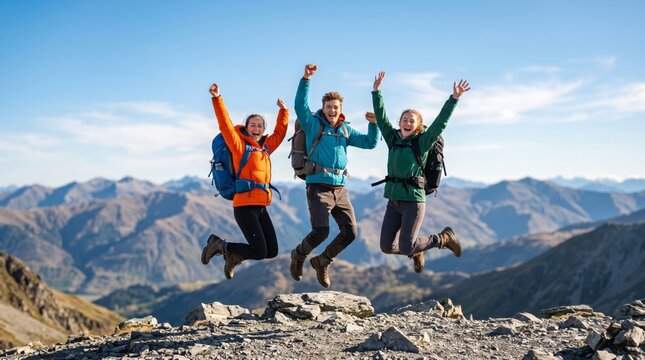 Three cheerful hikers jumping with backpacks on a rocky mountain summit beneath a clear blue summer sky