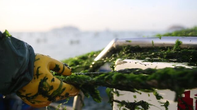 Korea green laver harvest seaweed aquaculture fishery ocean farm marine product 어촌 수산업 파래 김 양식 수확 해조류 수산물 바다 어장 생산 현장 어민 노동 식재료