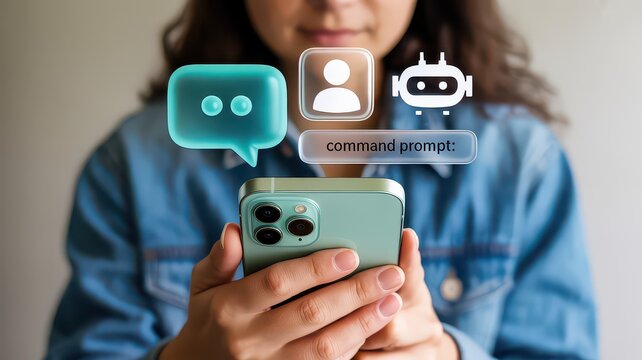 Artificial intelligence chatbot interface on smartphone, woman using AI command prompt, futuristic digital assistant and chat bubble icons